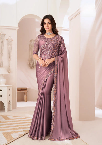 Dusty Pink Satin Silk Party Wear Saree With Sequence & Thread Embroidery Work