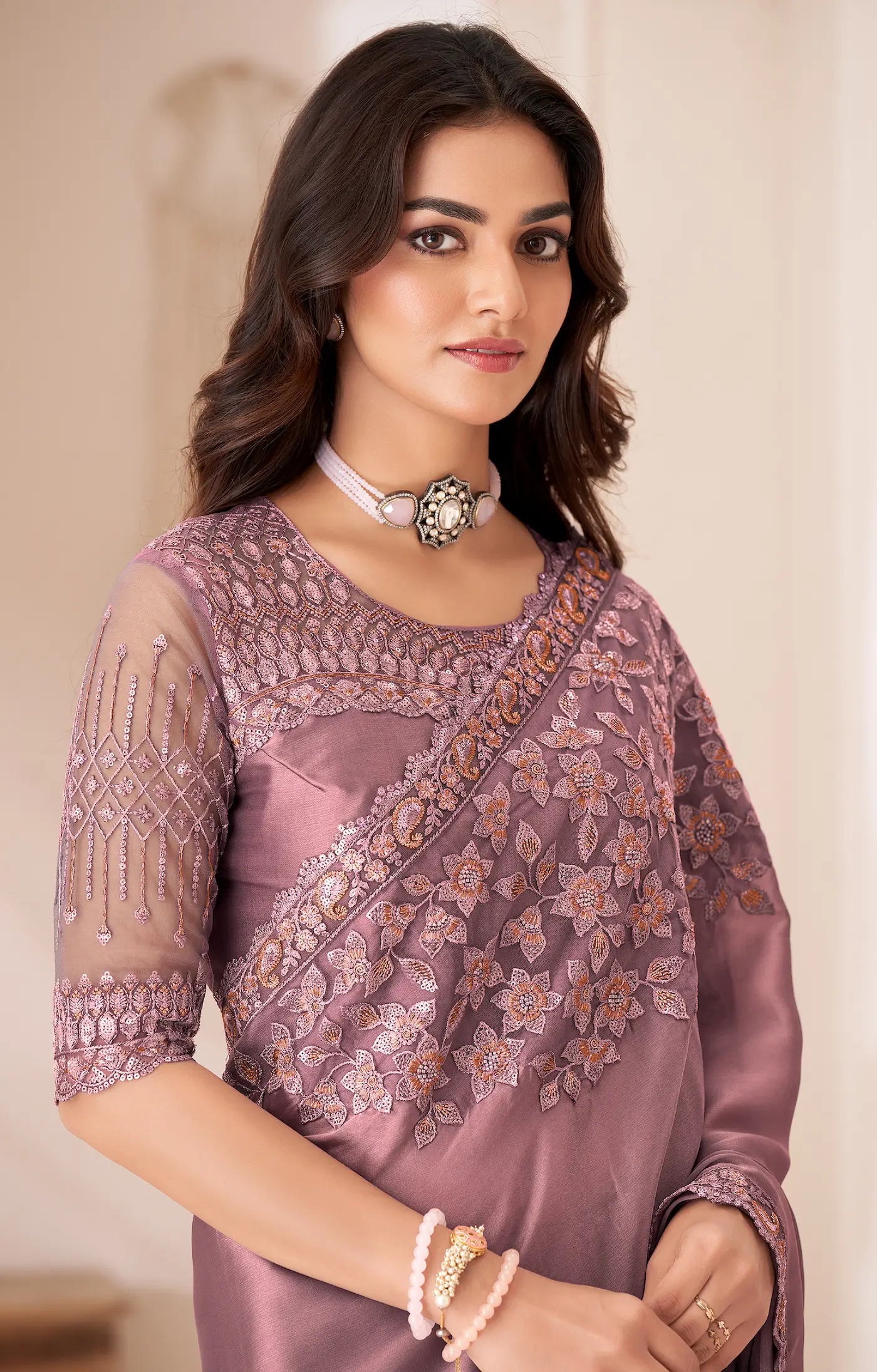 Dusty Pink Satin Silk Party Wear Saree With Sequence & Thread Embroidery Work