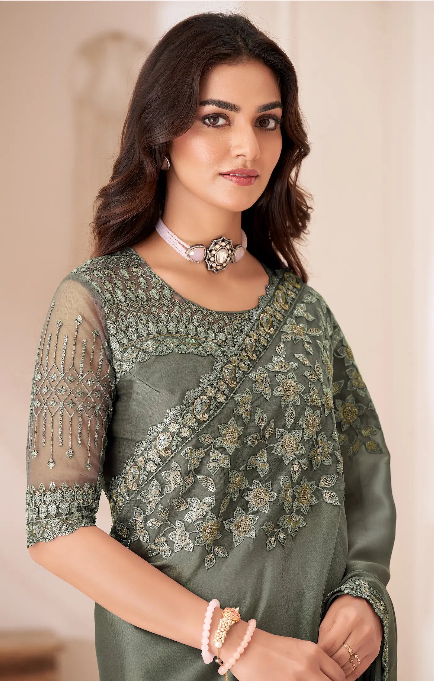 Smoky Green Satin Silk Party Wear Saree With Sequence & Thread Embroidery Work