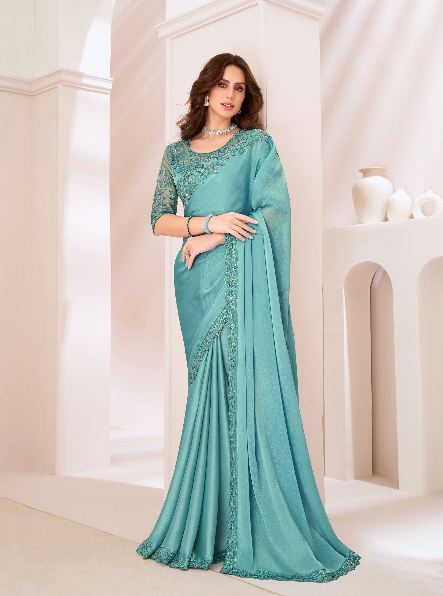 Aqua Blue Satin Georgette Party Wear Saree With Sequence & Thread Embroidery Work