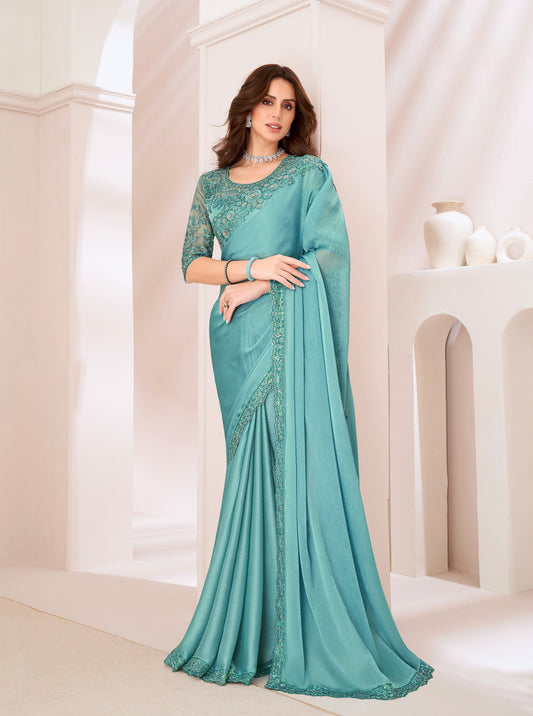 Aqua Blue Satin Georgette Party Wear Saree With Sequence & Thread Embroidery Work