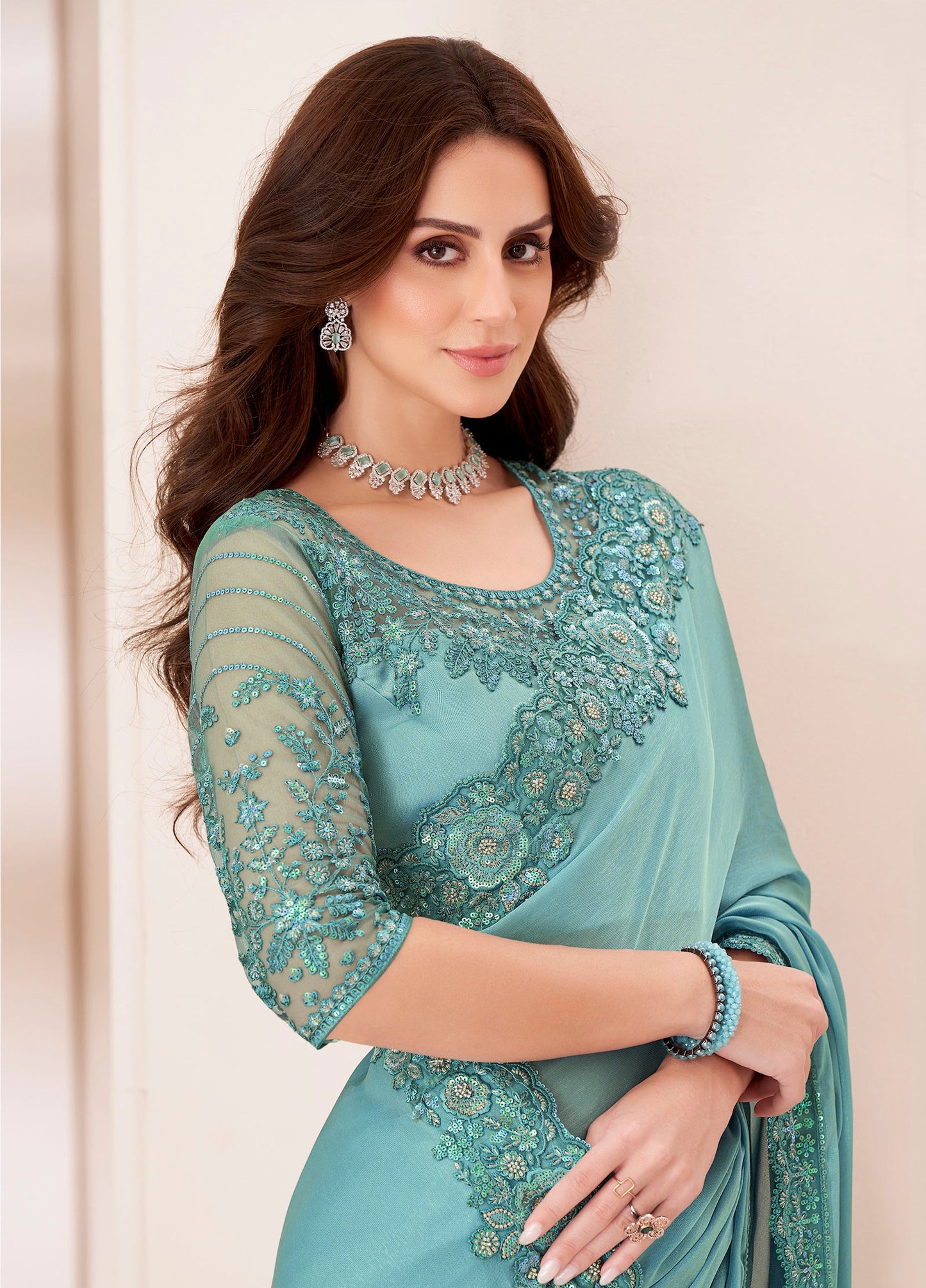 Aqua Blue Satin Georgette Party Wear Saree With Sequence & Thread Embroidery Work