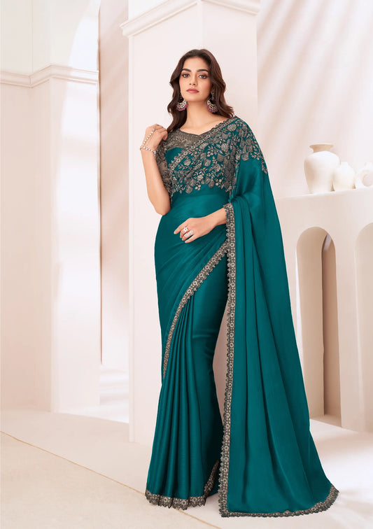 Teal Blue Satin Chiffon Party Wear Saree With Sequence & Thread Embroidery Work