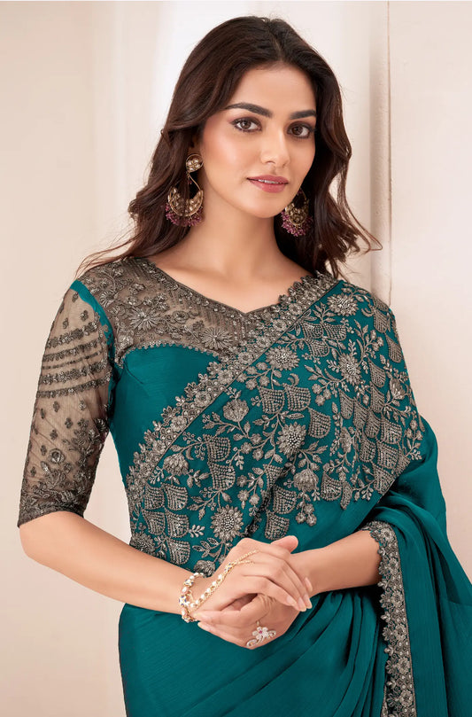 Teal Blue Satin Chiffon Party Wear Saree With Sequence & Thread Embroidery Work