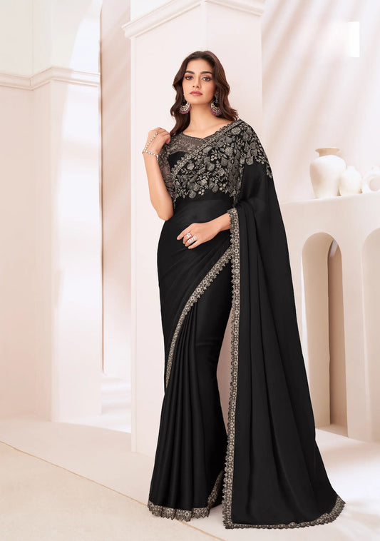 Black Satin Chiffon Party Wear Saree With Sequence & Thread Embroidery Work