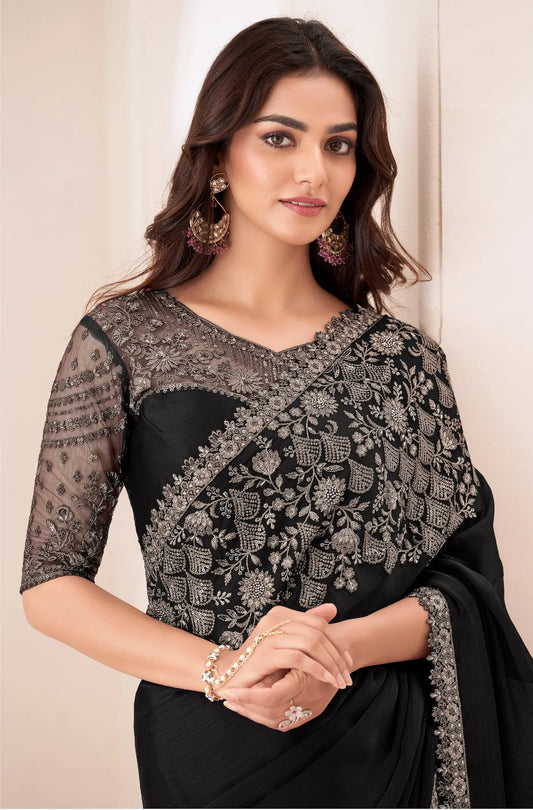 Black Satin Chiffon Party Wear Saree With Sequence & Thread Embroidery Work