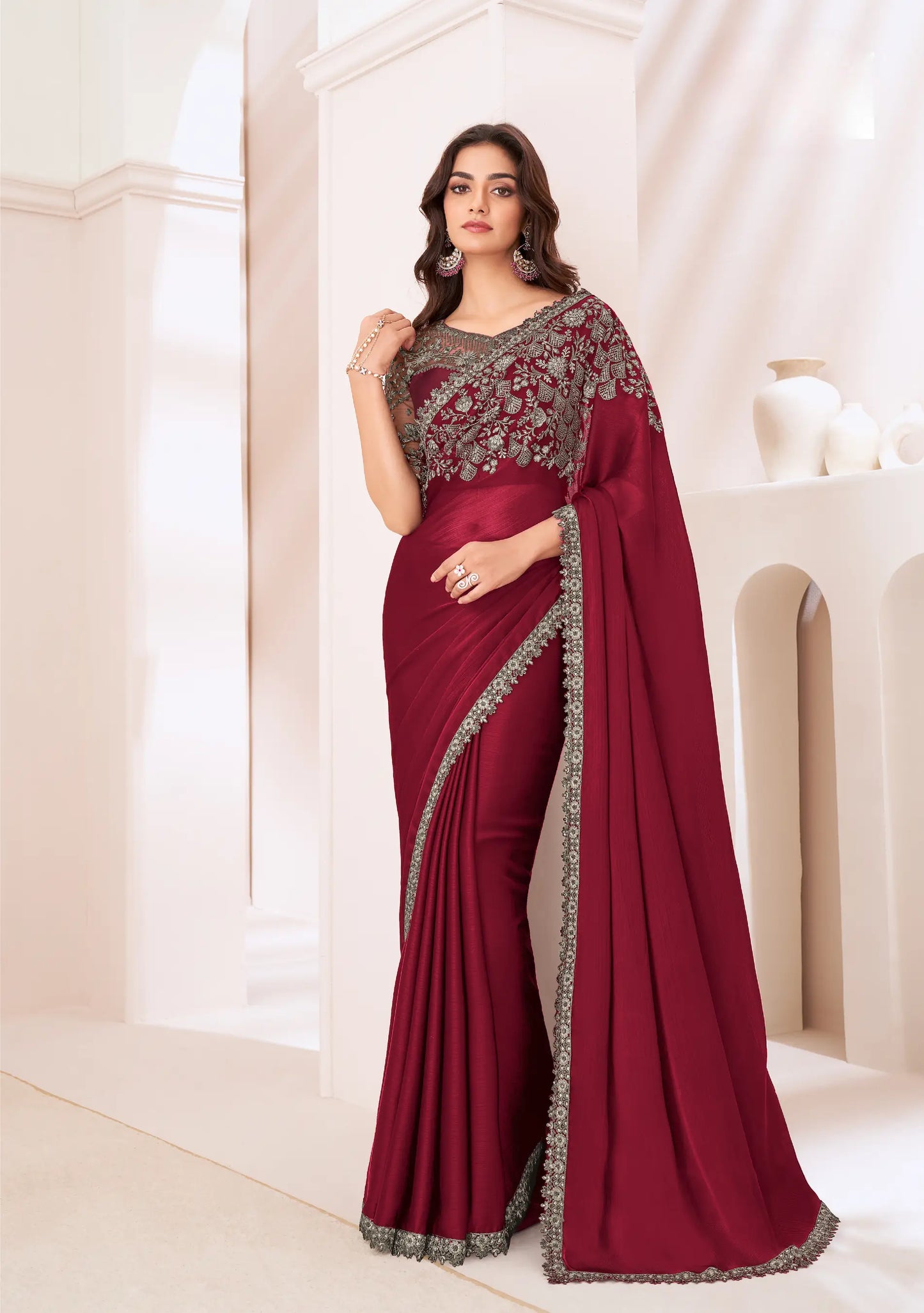 Red Satin Chiffon Party Wear Saree With Sequence & Thread Embroidery Work