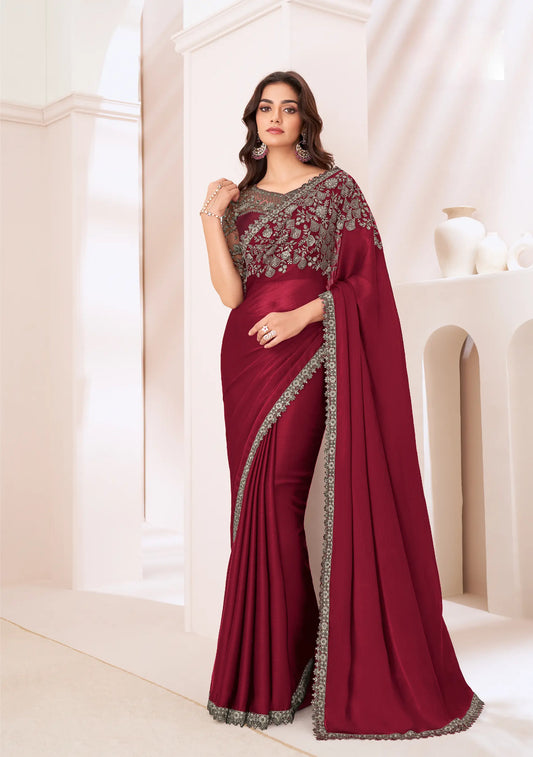Red Satin Chiffon Party Wear Saree With Sequence & Thread Embroidery Work