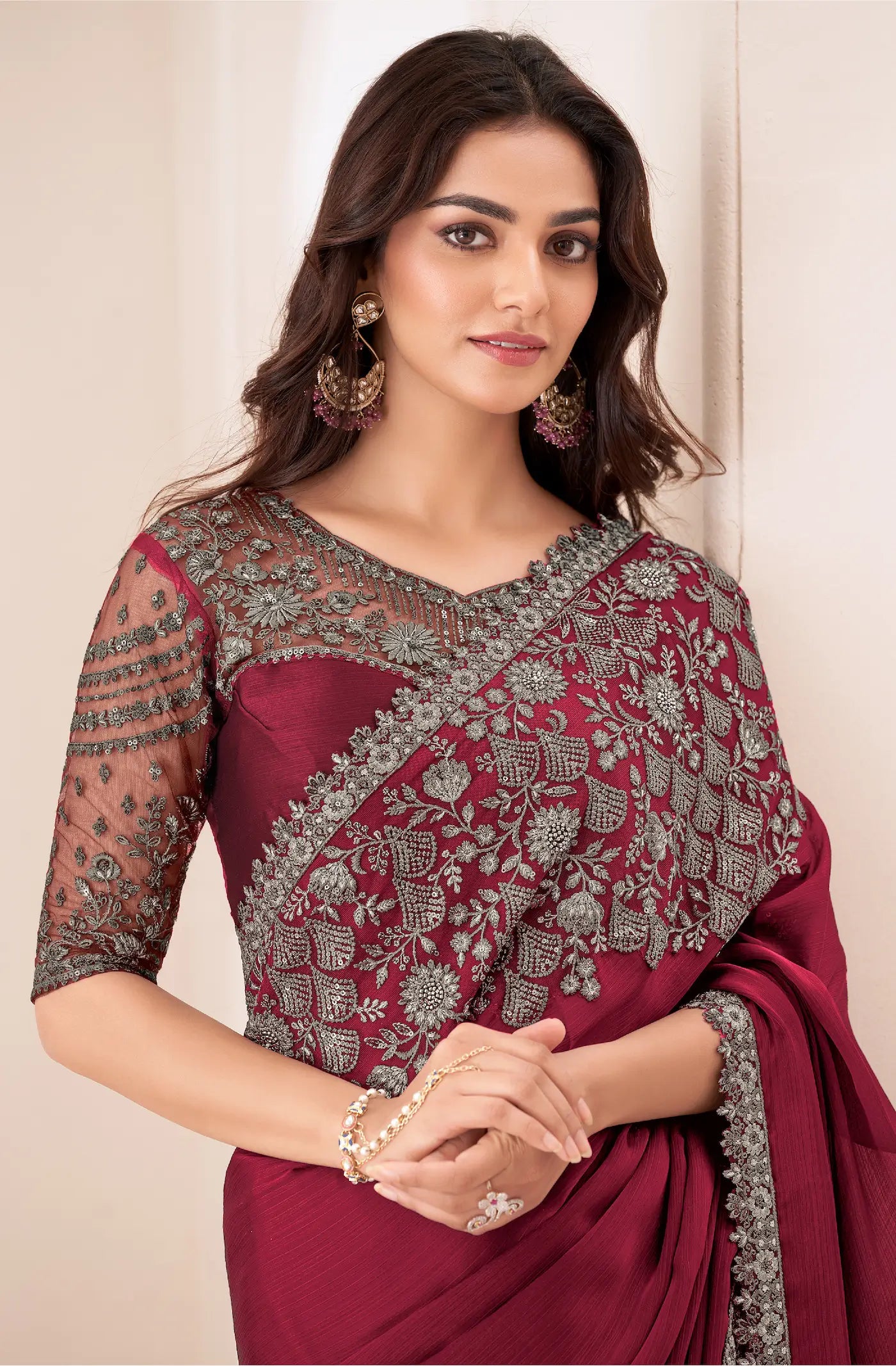 Red Satin Chiffon Party Wear Saree With Sequence & Thread Embroidery Work