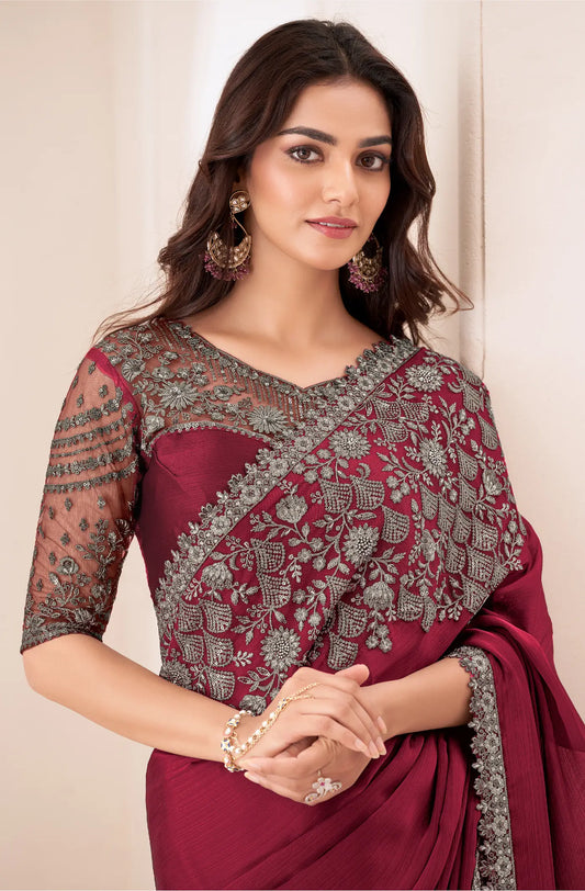 Red Satin Chiffon Party Wear Saree With Sequence & Thread Embroidery Work