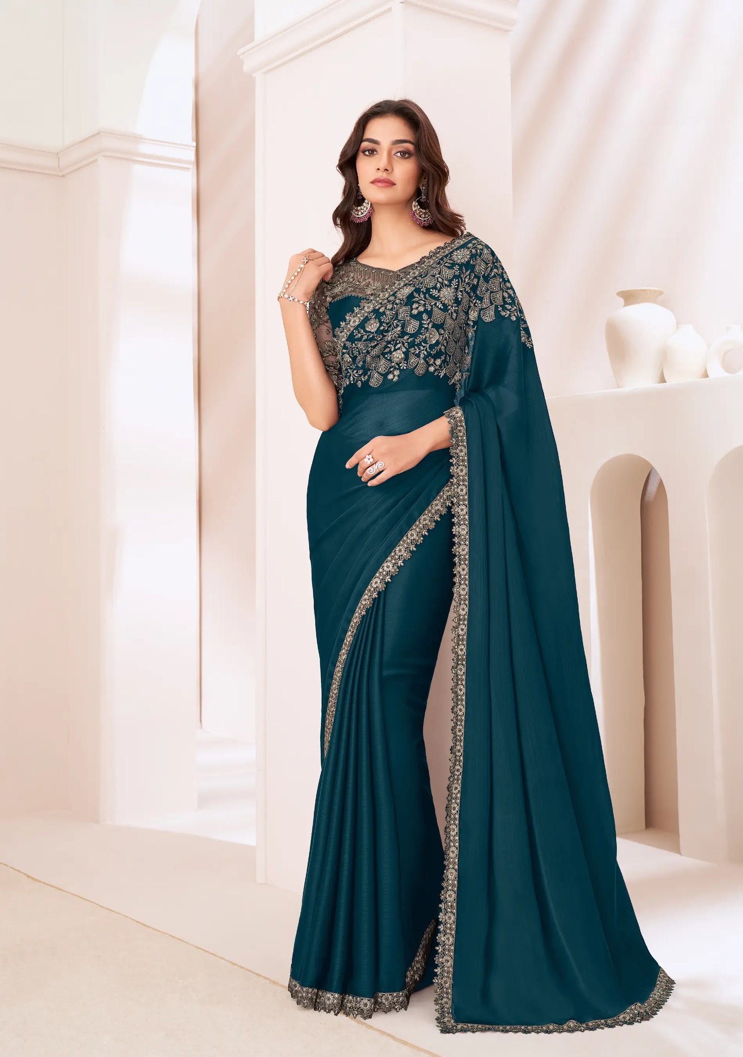 Rhino Blue Satin Chiffon Party Wear Saree With Sequence & Thread Embroidery Work
