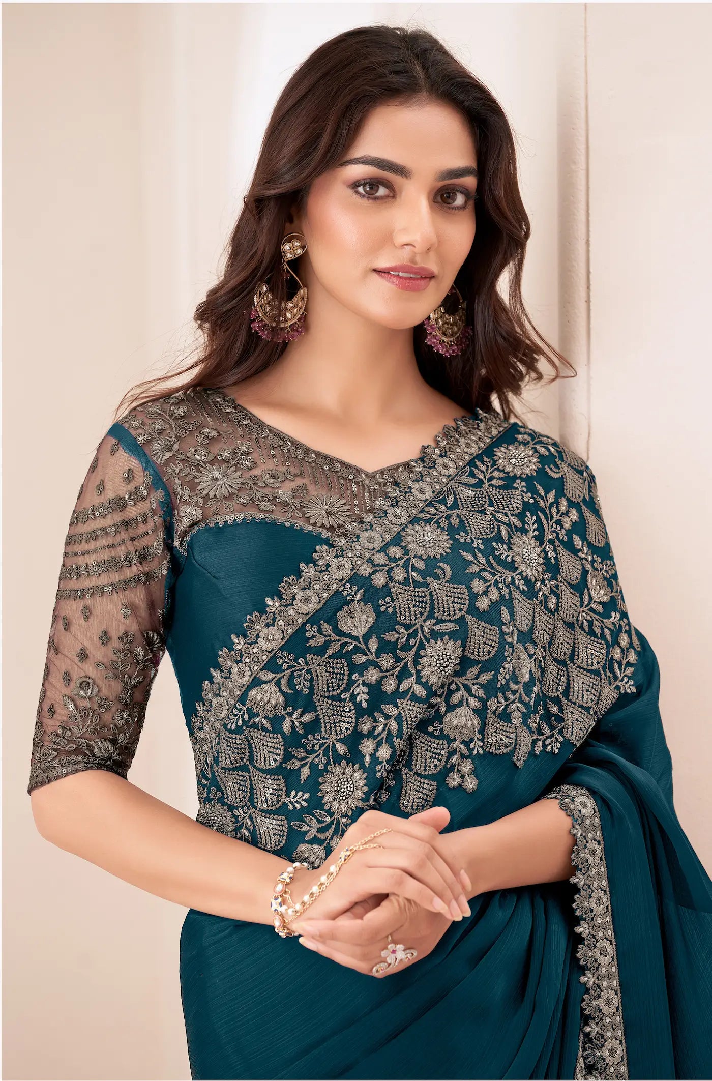 Rhino Blue Satin Chiffon Party Wear Saree With Sequence & Thread Embroidery Work