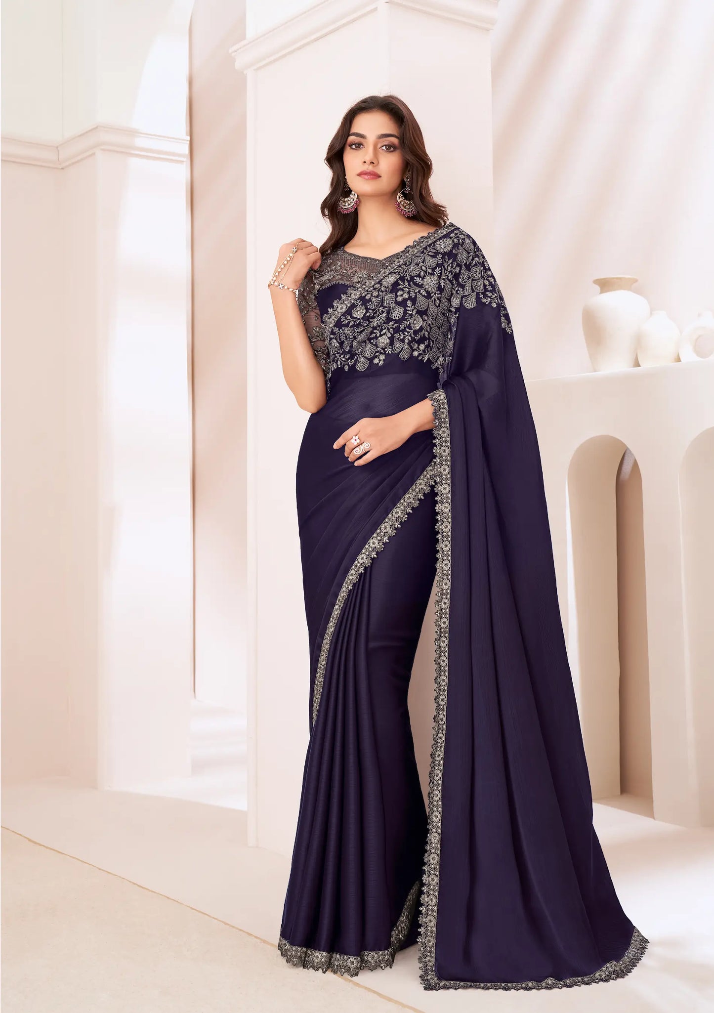 Navy Blue Satin Chiffon Party Wear Saree With Sequence & Thread Embroidery Work