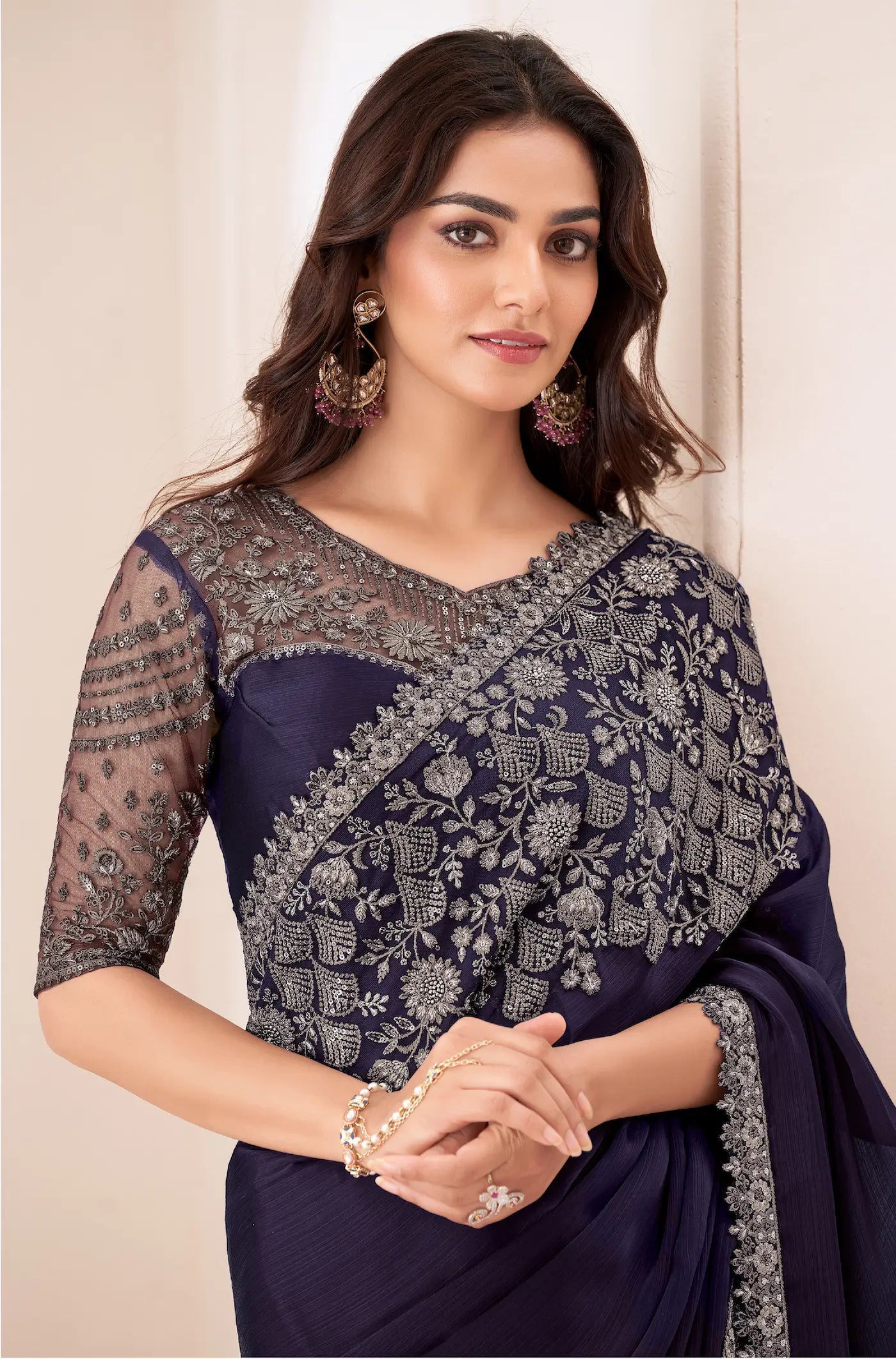 Navy Blue Satin Chiffon Party Wear Saree With Sequence & Thread Embroidery Work