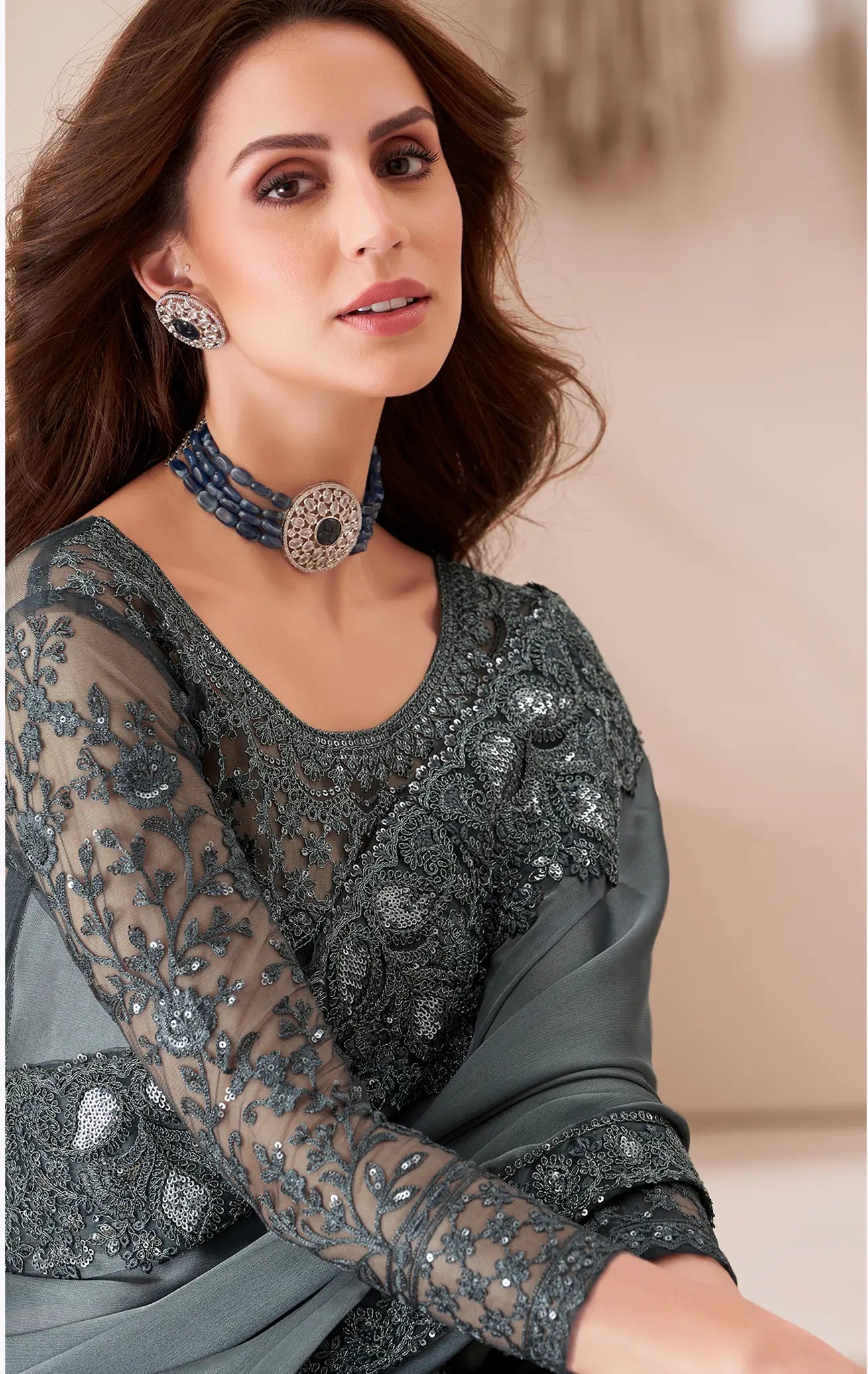 Dark Grey Georgette Party Wear Saree With Sequence & Thread Embroidery Work