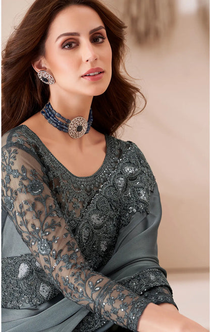 Dark Grey Georgette Party Wear Saree With Sequence & Thread Embroidery Work