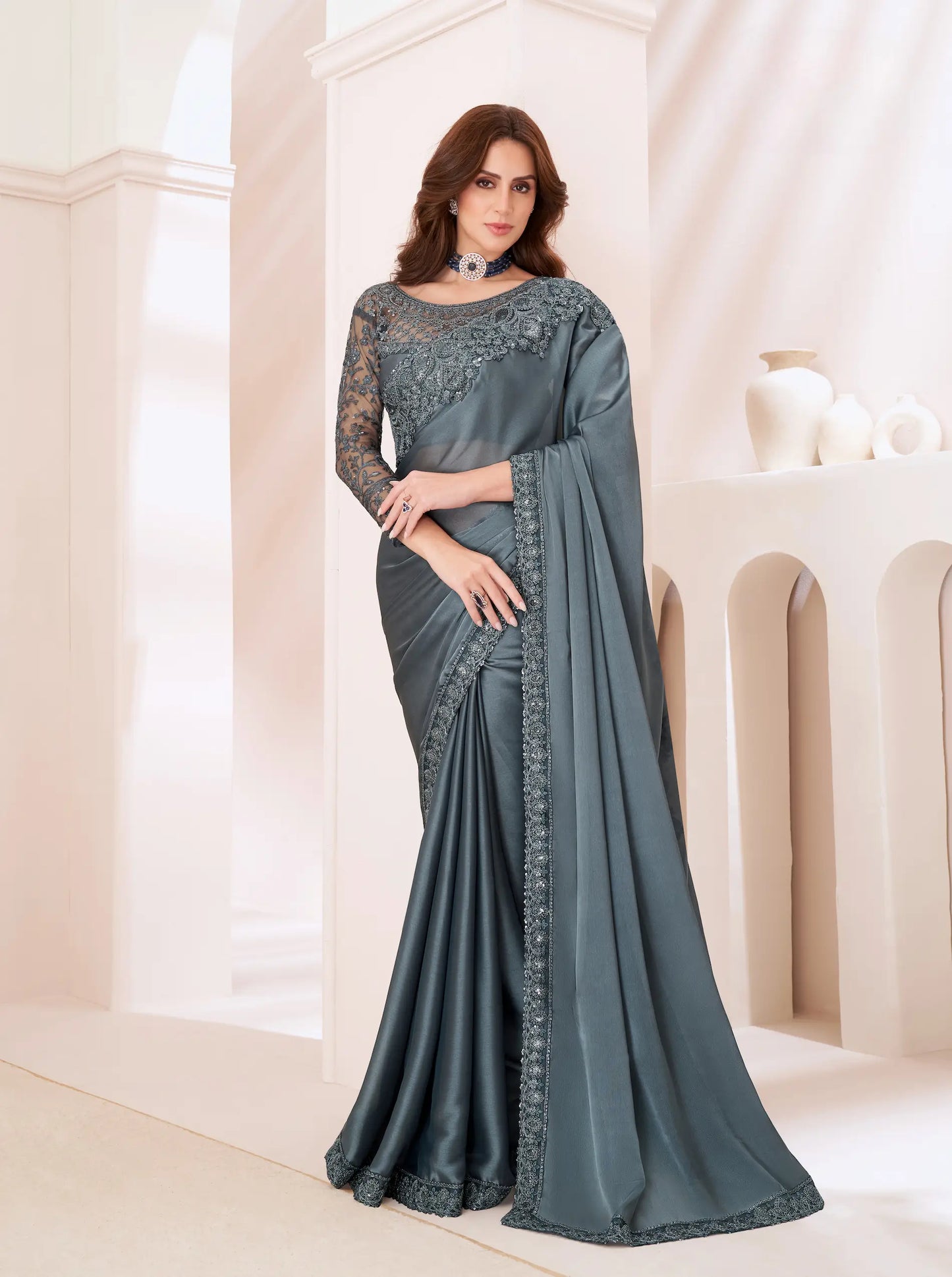 Dark Grey Georgette Party Wear Saree With Sequence & Thread Embroidery Work