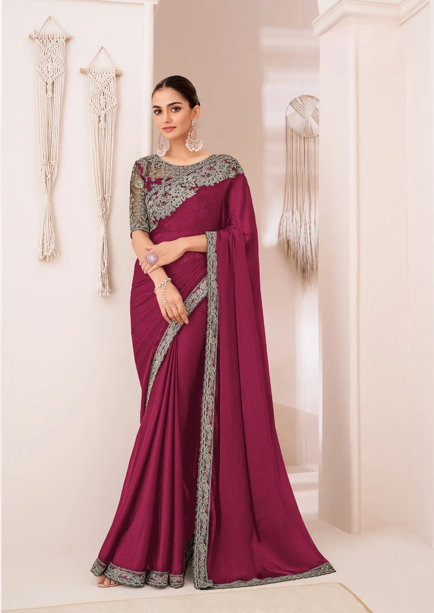 Dark Red Georgette Chiffon Party Wear Saree With Sequence & Thread Embroidery Work
