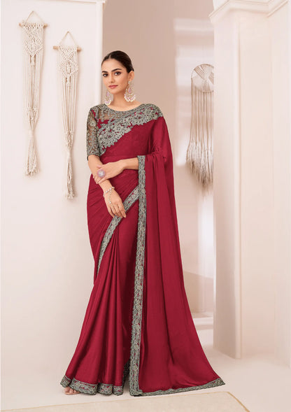 Red Georgette Chiffon Party Wear Saree With Sequence & Thread Embroidery Work