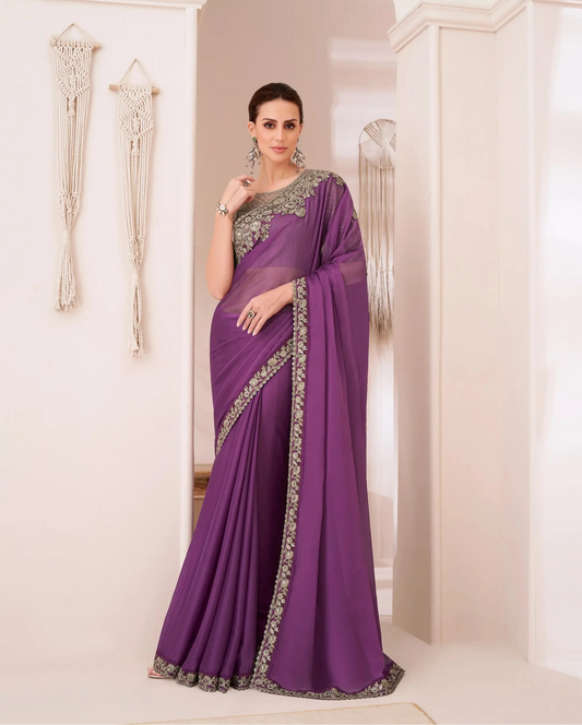 Dark Purple Georgette Chiffon Party Wear Saree With Sequence & Thread Embroidery Work