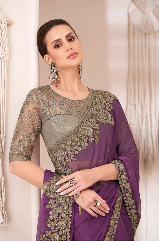 Dark Purple Georgette Chiffon Party Wear Saree With Sequence & Thread Embroidery Work