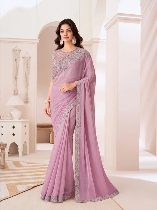 Blush Pink Silver Chiffon Party Wear Saree With Sequence & Thread Embroidery Work