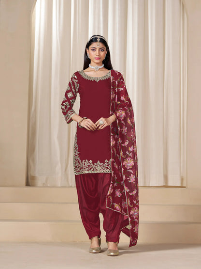 Dark Red Roman Silk Embroidery Work Salwar Suit