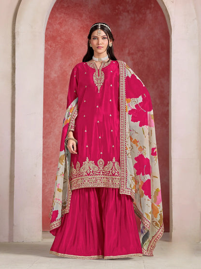 Hot Pink Chinon Embroidery Salwar suit With Organza Dupatta