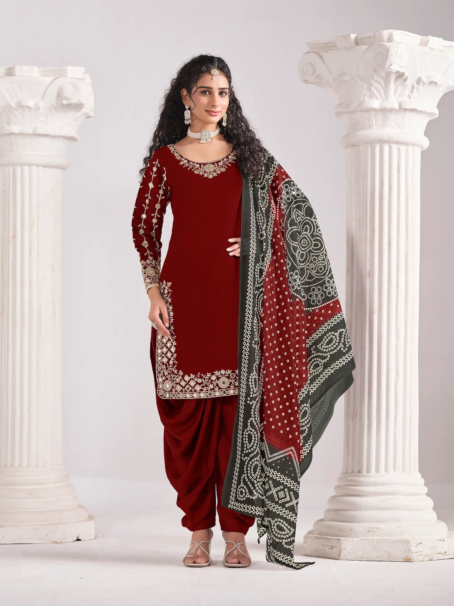 Maroon Silk Salwar Suit With Mirror Work & Embroidery