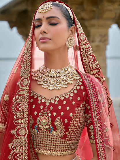 Red Designer Bridal Lehenga With Heavy Embroidery & 2 Dupatta