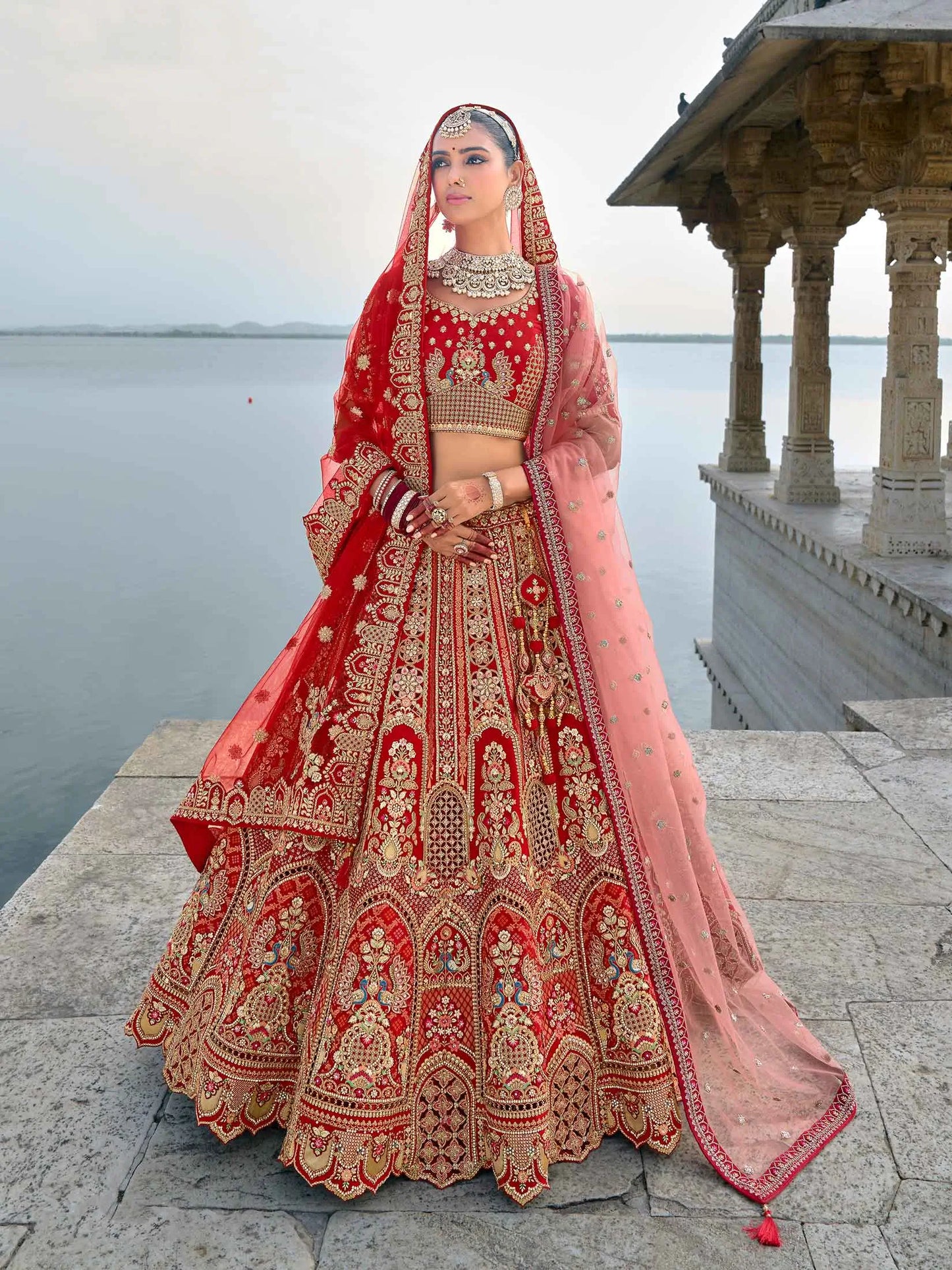 Red Designer Bridal Lehenga With Heavy Embroidery & 2 Dupatta