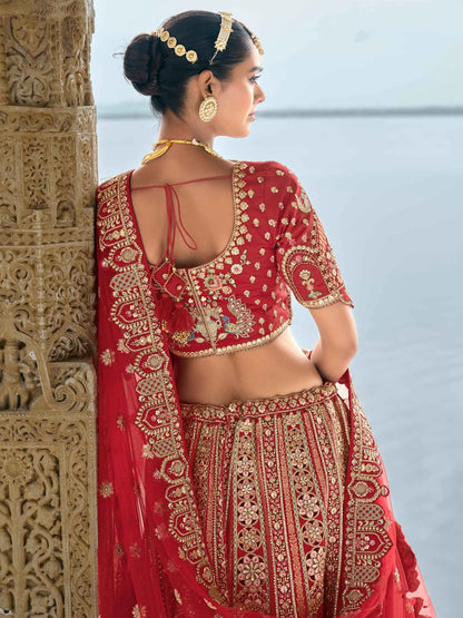 Red Designer Bridal Lehenga With Heavy Embroidery & 2 Dupatta