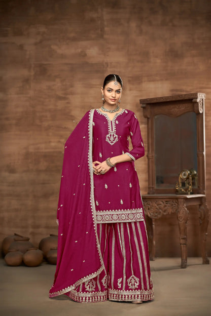 Dark Pink Chinon Palazzo Salwar Suit With Thread & Sequins Embroidery Work