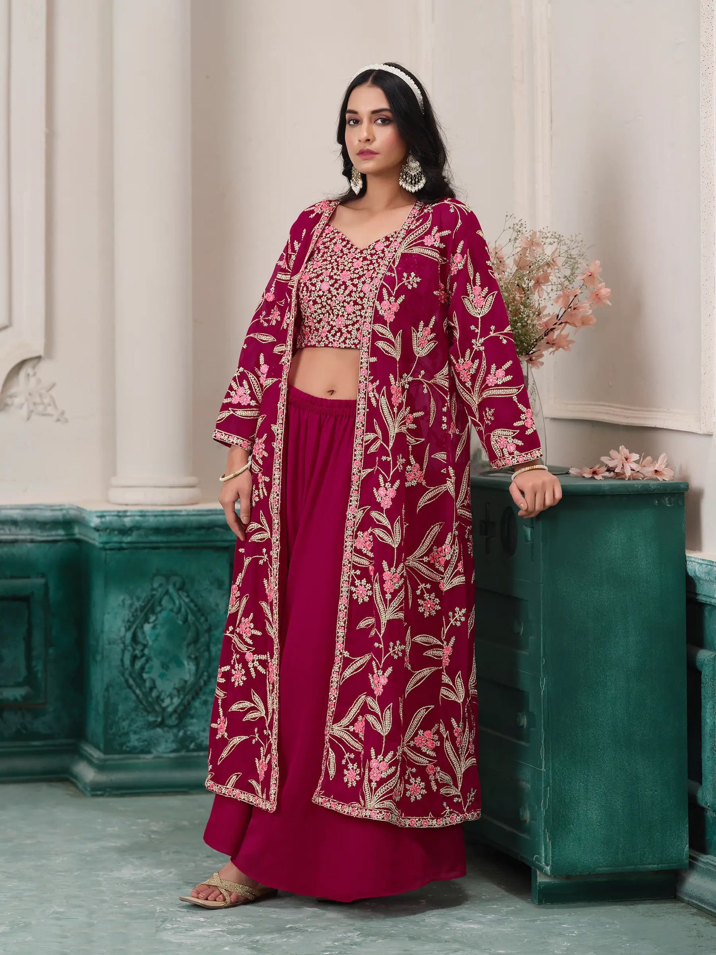 Pink Georgette Indo Western Set With Thread & Sequins Embroidery Work