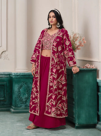 Pink Georgette Indo Western Set With Thread & Sequins Embroidery Work