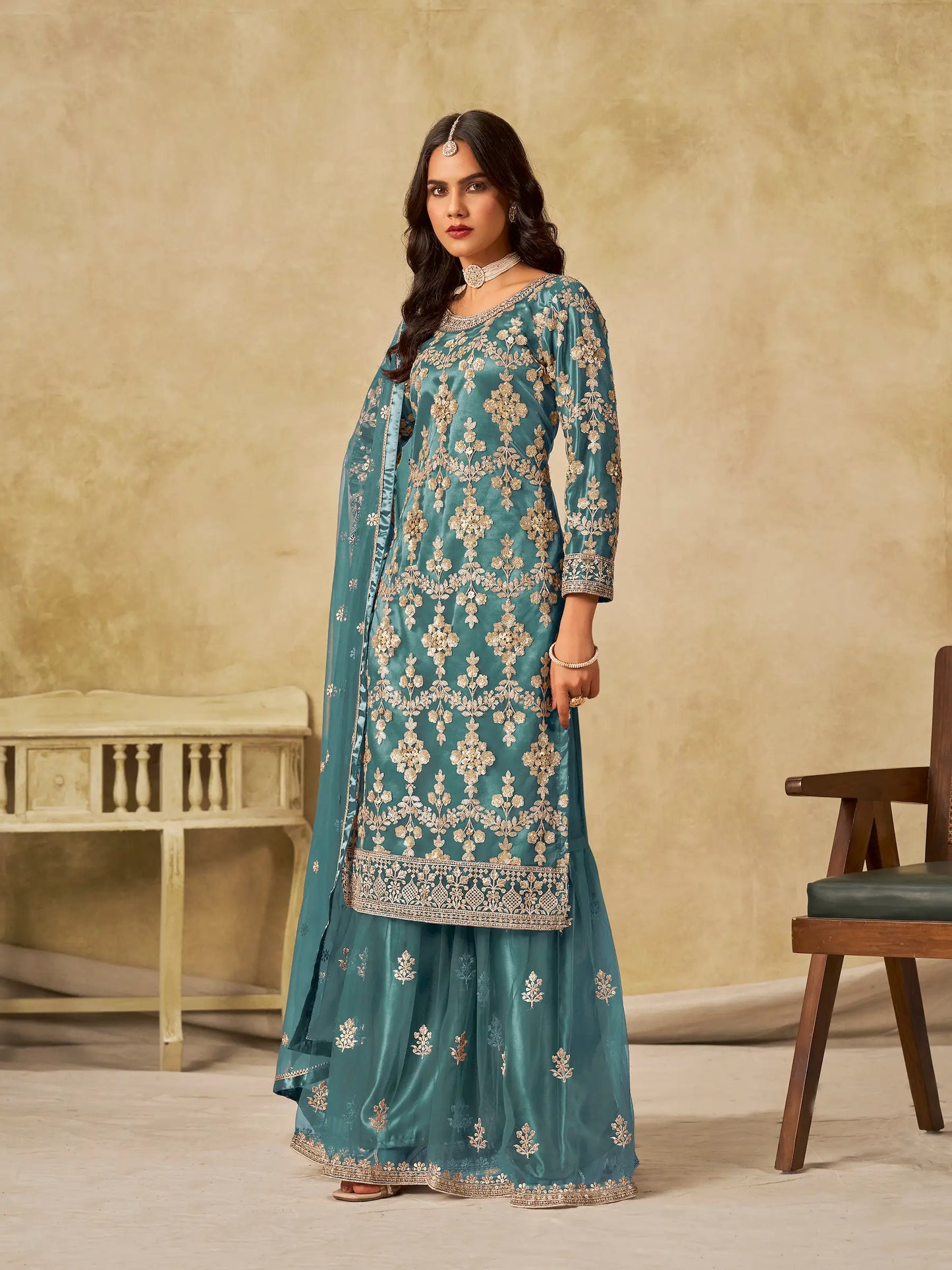Dusty Teal Net Palazzo Suit With Sequins Embroidery