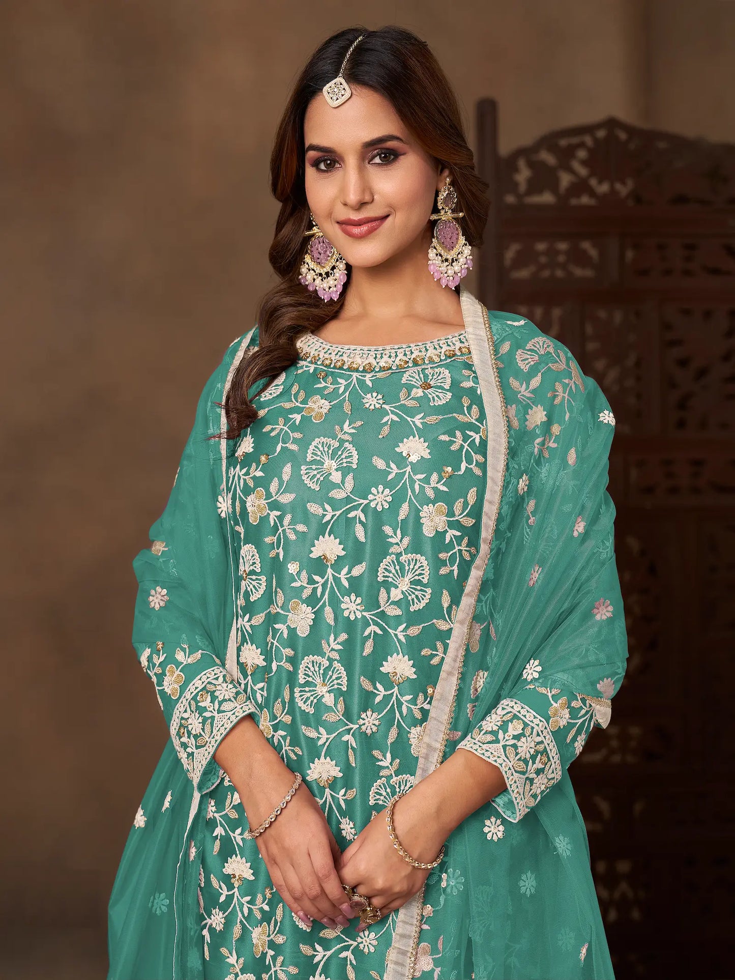 Dusty Teal Net Embroidery Palazzo Suit