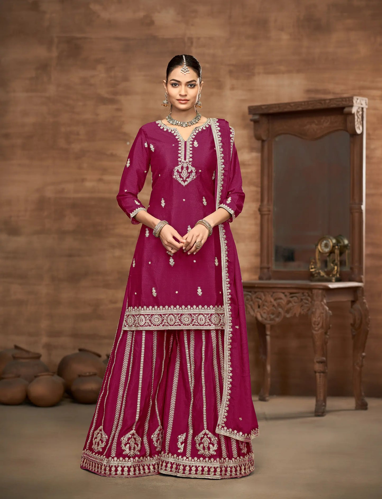Dark Pink Chinon Palazzo Salwar Suit With Thread & Sequins Embroidery Work