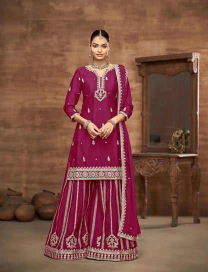 Dark Pink Chinon Palazzo Salwar Suit With Thread & Sequins Embroidery Work