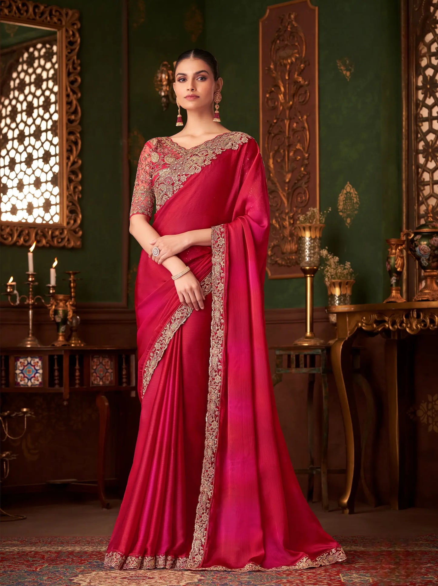 Red Shaded Chiffon Party Wear Saree With Thread & Sequence Embroidery Work