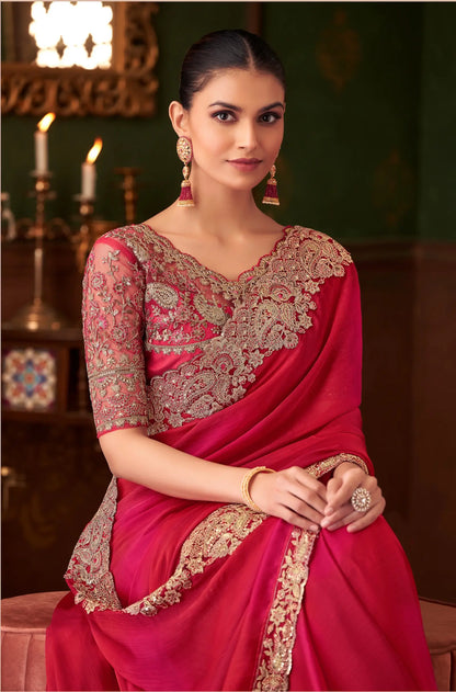Red Shaded Chiffon Party Wear Saree With Thread & Sequence Embroidery Work