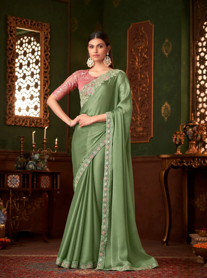 Pista Green Satin Silk Party Wear Saree With Thread & Sequence Embroidery Work