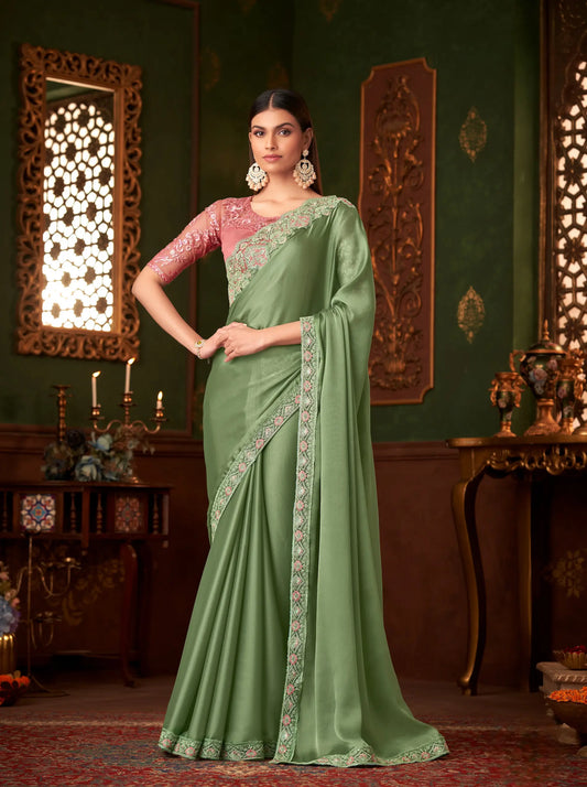 Pista Green Satin Silk Party Wear Saree With Thread & Sequence Embroidery Work