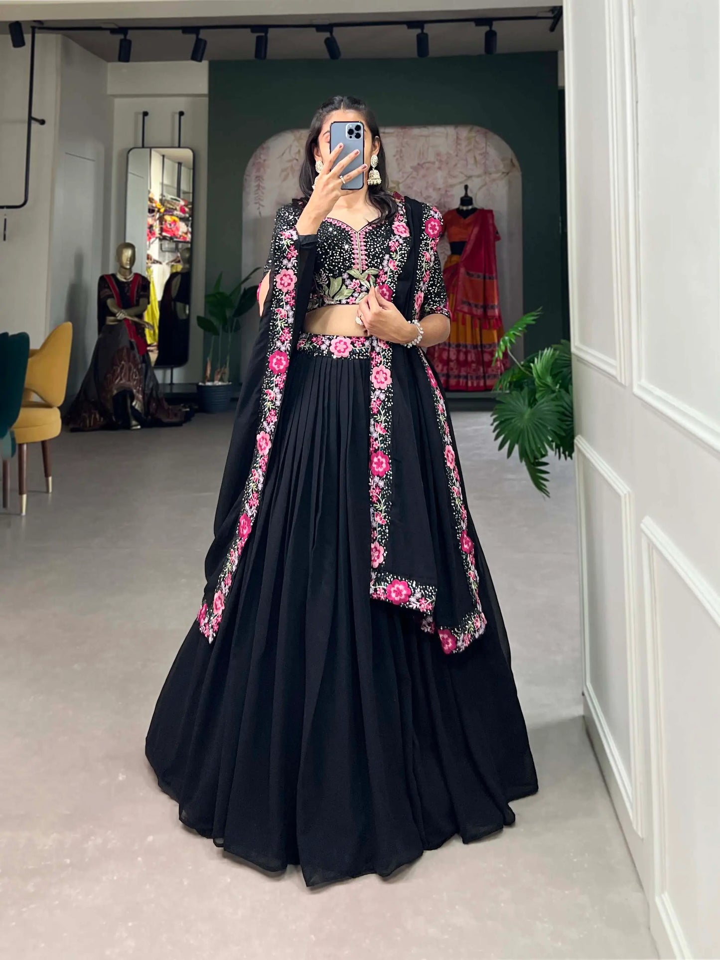 Black Georgette Sequence & Thread Embroidery Lehenga Choli