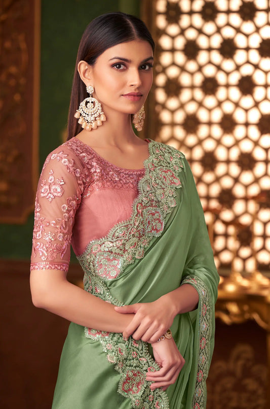 Pista Green Satin Silk Party Wear Saree With Thread & Sequence Embroidery Work