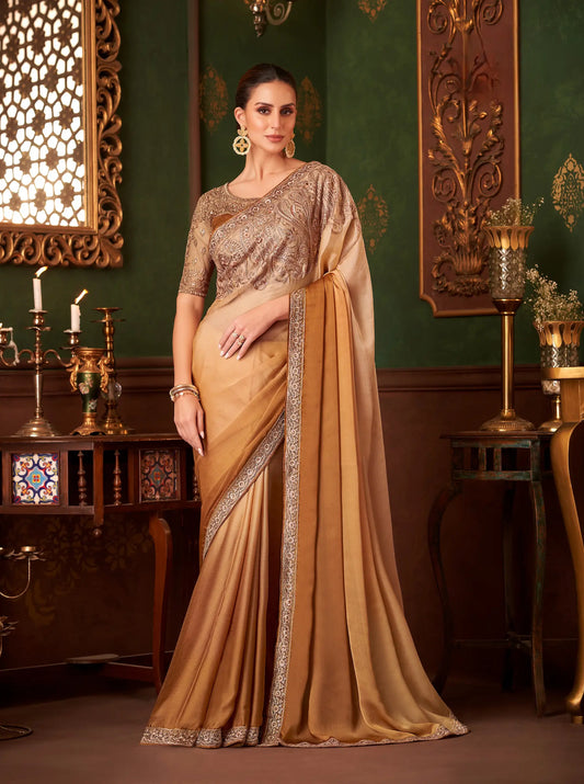 Golden Shaded Satin Chiffon Party Wear Saree With Thread & Sequence Embroidery Work