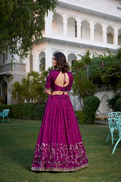 Wine Vichitra Silk Lehenga Choli Sequins and Thread Embroidery Work