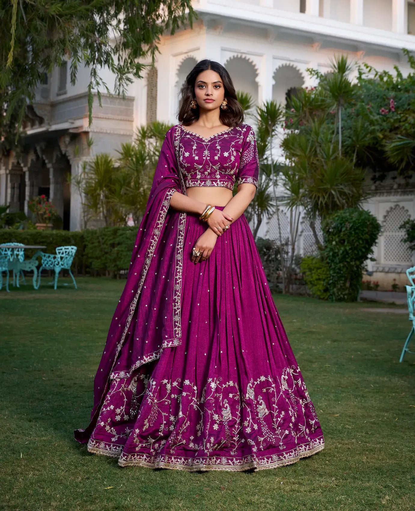 Wine Vichitra Silk Lehenga Choli Sequins and Thread Embroidery Work