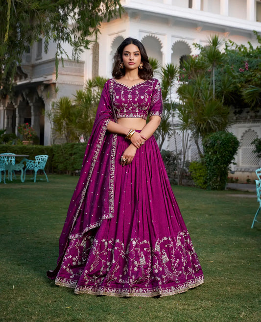 Wine Vichitra Silk Lehenga Choli Sequins and Thread Embroidery Work