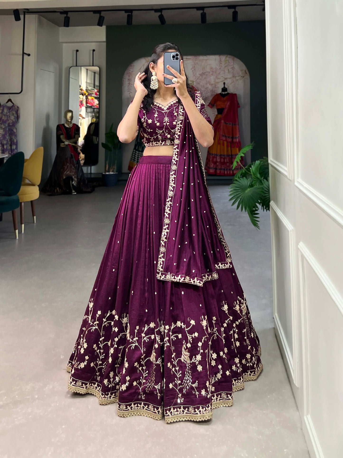 Wine Vichitra Silk Lehenga Choli Sequins and Thread Embroidery Work